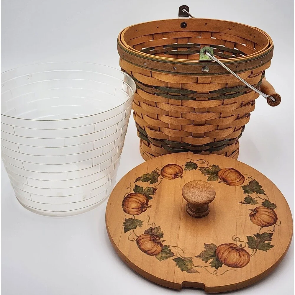 *SIGNED* '02 Longaberger Sage Autumn Round Pail Basket w/Handle, Protector & Lid